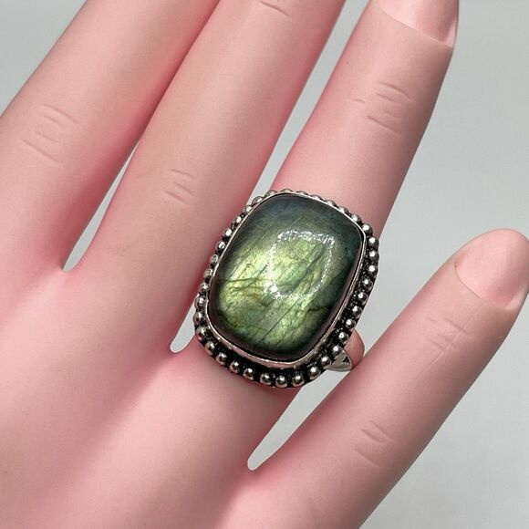 Labradorite Gemstone Silver Plated Rectangle Shaped Ring Statement Boho Sz 8.5 - Picture 6 of 6